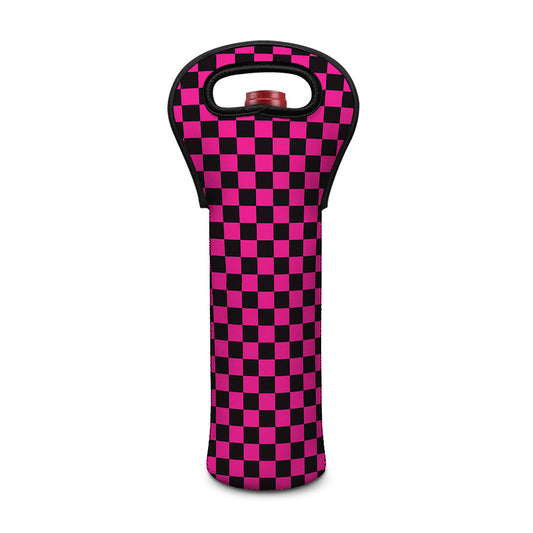 Magenta Pink And Black Checkered Print Single Neoprene Wine Tote