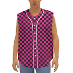 Magenta Pink And Black Checkered Print Sleeveless Baseball Jersey