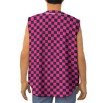 Magenta Pink And Black Checkered Print Sleeveless Baseball Jersey