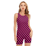 Magenta Pink And Black Checkered Print Sleeveless One Piece Swimsuit