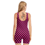 Magenta Pink And Black Checkered Print Sleeveless One Piece Swimsuit