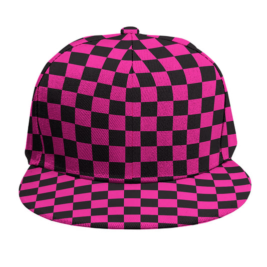 Magenta Pink And Black Checkered Print Snapback Cap