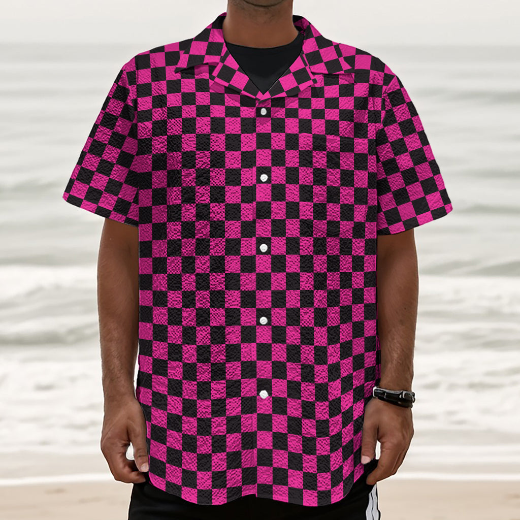 Magenta Pink And Black Checkered Print Textured Short Sleeve Shirt