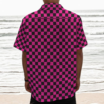 Magenta Pink And Black Checkered Print Textured Short Sleeve Shirt