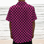 Magenta Pink And Black Checkered Print Textured Short Sleeve Shirt