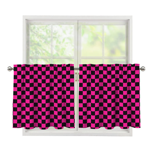 Magenta Pink And Black Checkered Print Tier Curtains