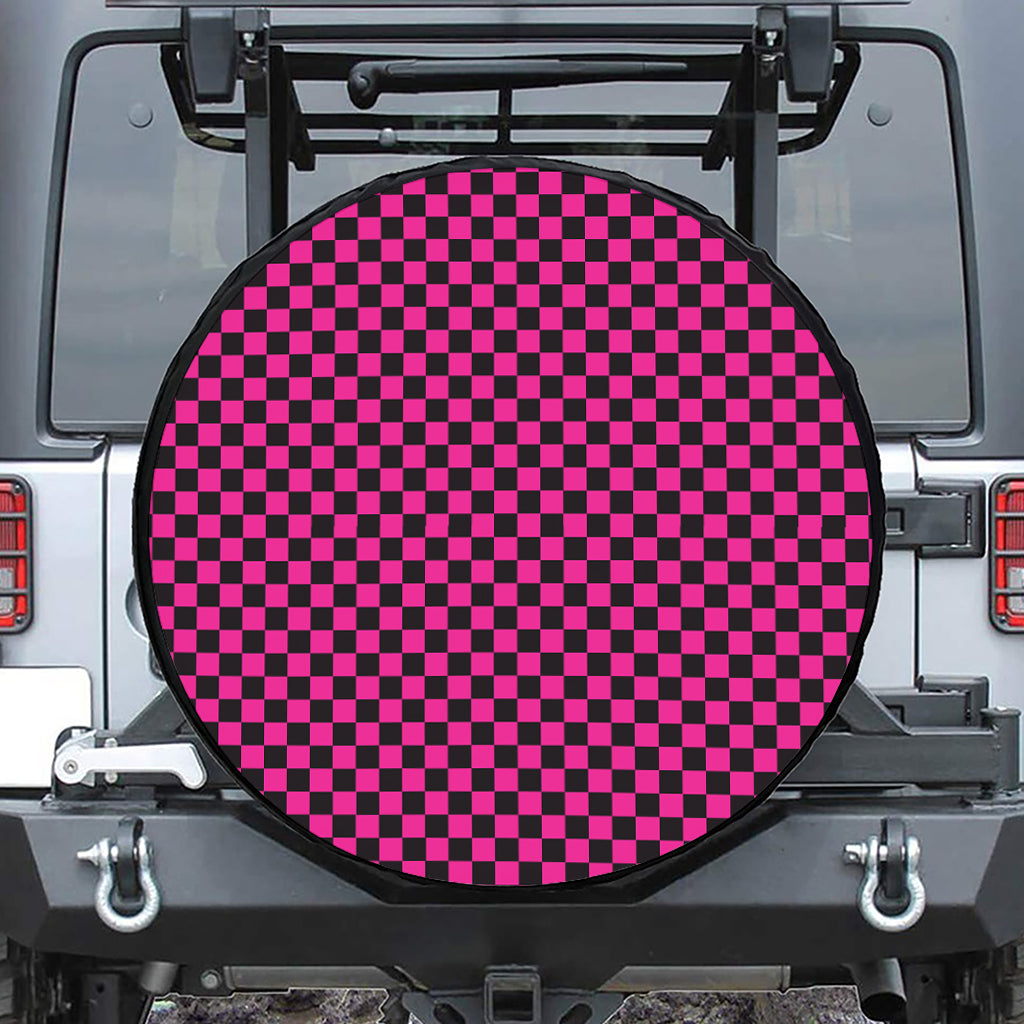 Magenta Pink And Black Checkered Print Tire Cover