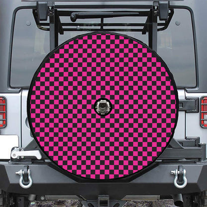 Magenta Pink And Black Checkered Print Tire Cover With Camera Hole