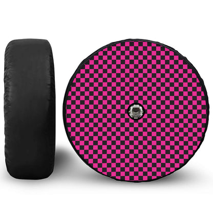Magenta Pink And Black Checkered Print Tire Cover With Camera Hole