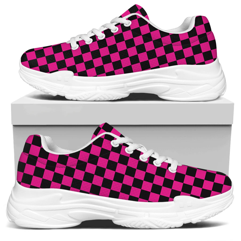 Magenta Pink And Black Checkered Print White Chunky Shoes