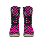 Magenta Pink And Black Checkered Print Winter Boots