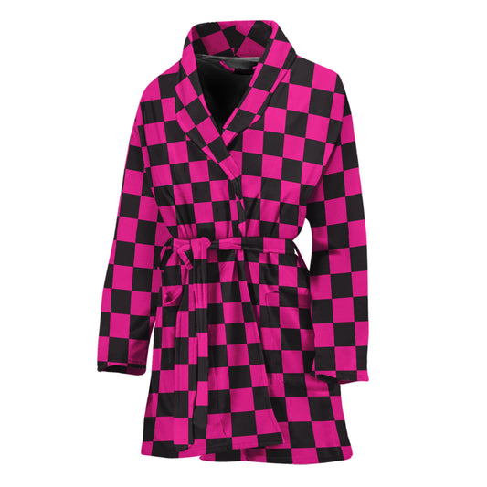 Magenta Pink And Black Checkered Print Women's Bathrobe