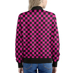 Magenta Pink And Black Checkered Print Women's Bomber Jacket