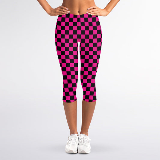 Magenta Pink And Black Checkered Print Women's Capri Leggings