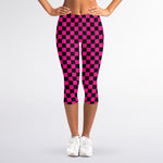 Magenta Pink And Black Checkered Print Women's Capri Leggings