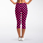 Magenta Pink And Black Checkered Print Women's Capri Leggings