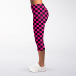 Magenta Pink And Black Checkered Print Women's Capri Leggings