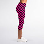 Magenta Pink And Black Checkered Print Women's Capri Leggings