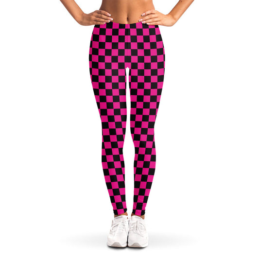 Magenta Pink And Black Checkered Print Women's Leggings