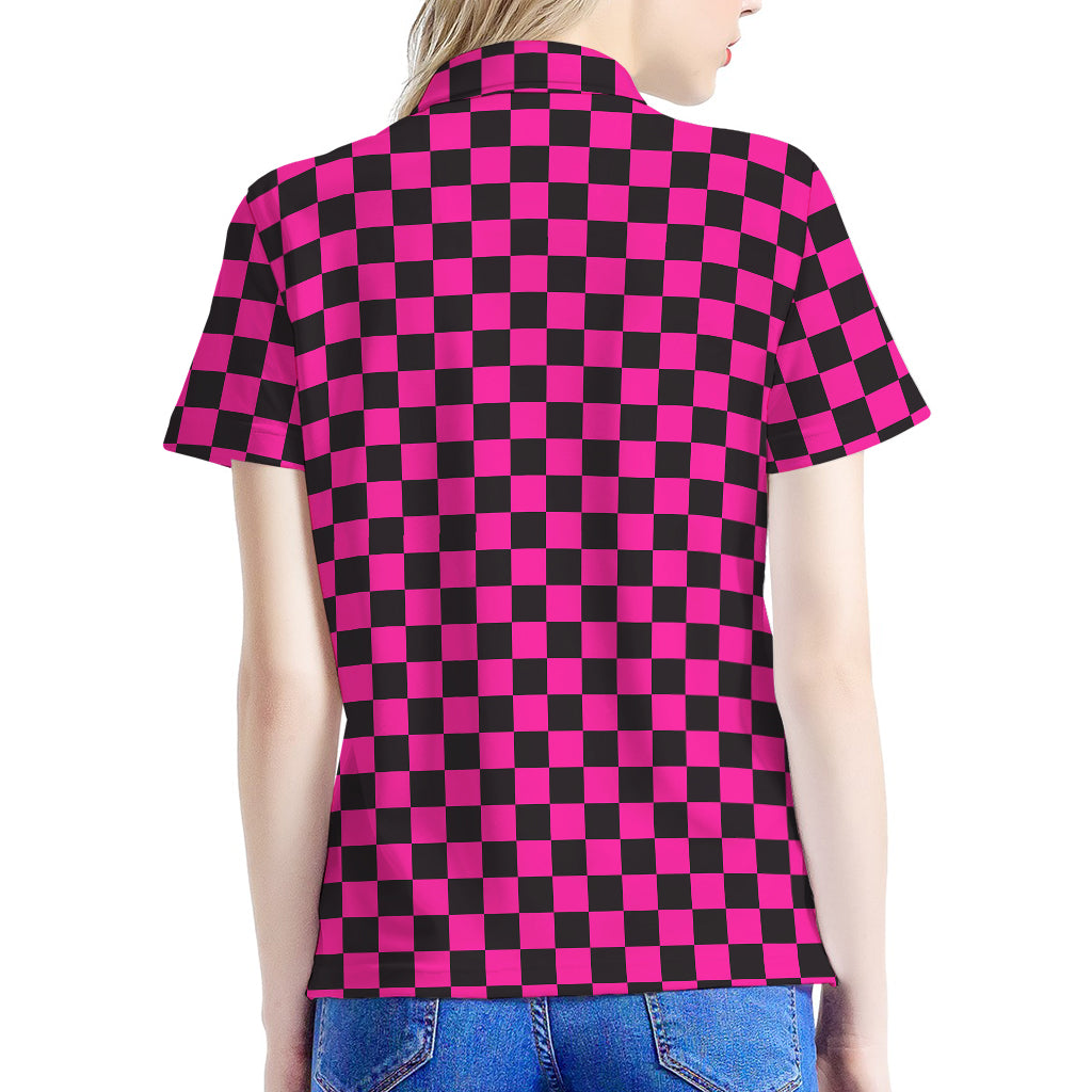Magenta Pink And Black Checkered Print Women's Polo Shirt