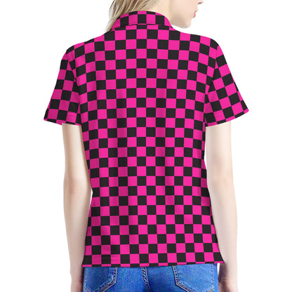 Magenta Pink And Black Checkered Print Women's Polo Shirt