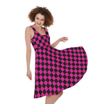 Magenta Pink And Black Checkered Print Women's Sleeveless Dress