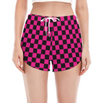Magenta Pink And Black Checkered Print Women's Split Running Shorts