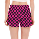 Magenta Pink And Black Checkered Print Women's Split Running Shorts