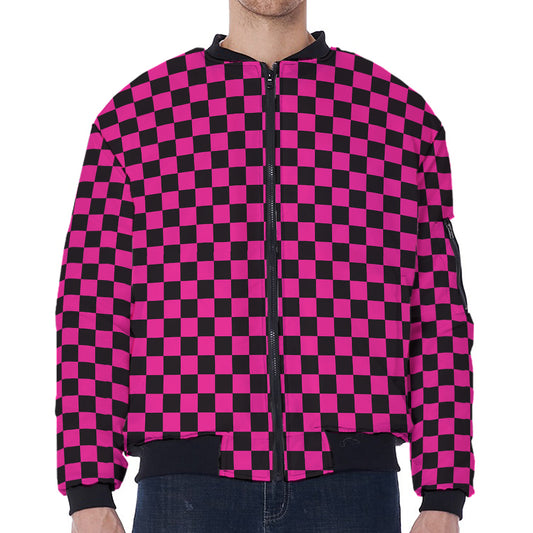 Magenta Pink And Black Checkered Print Zip Sleeve Bomber Jacket