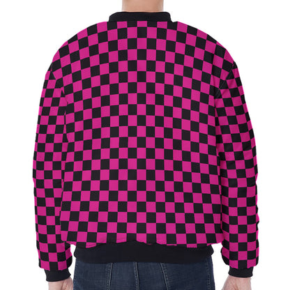 Magenta Pink And Black Checkered Print Zip Sleeve Bomber Jacket