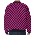 Magenta Pink And Black Checkered Print Zip Sleeve Bomber Jacket