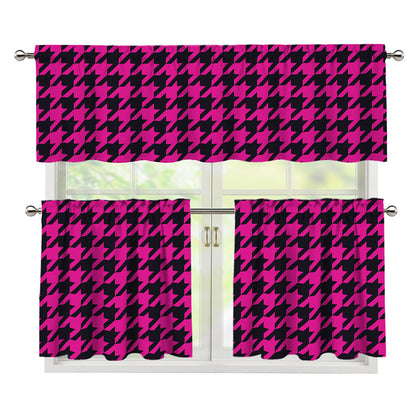 Magenta Pink And Black Houndstooth Print 3 Piece Kitchen Curtains