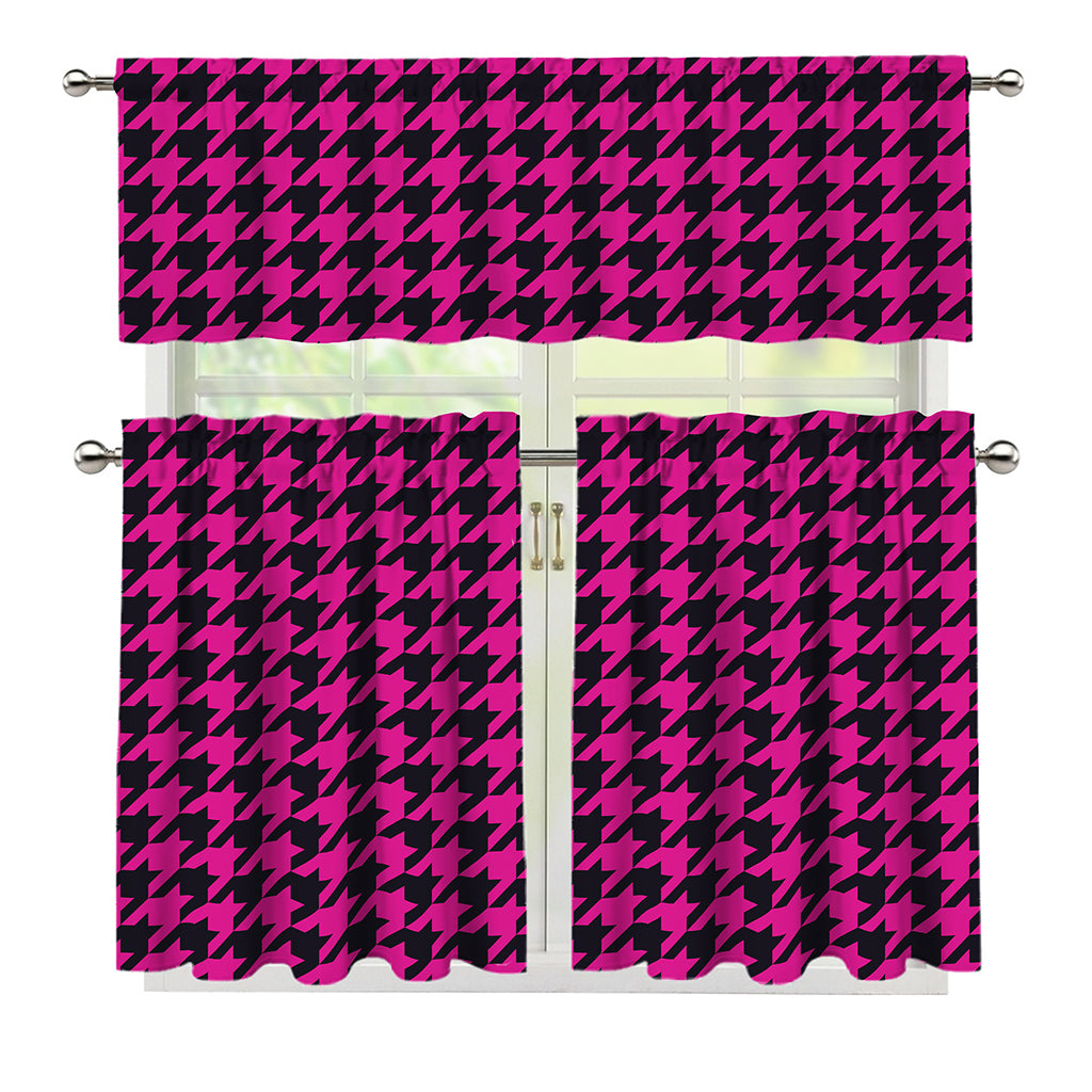 Magenta Pink And Black Houndstooth Print 3 Piece Kitchen Curtains