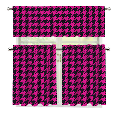 Magenta Pink And Black Houndstooth Print 3 Piece Kitchen Curtains