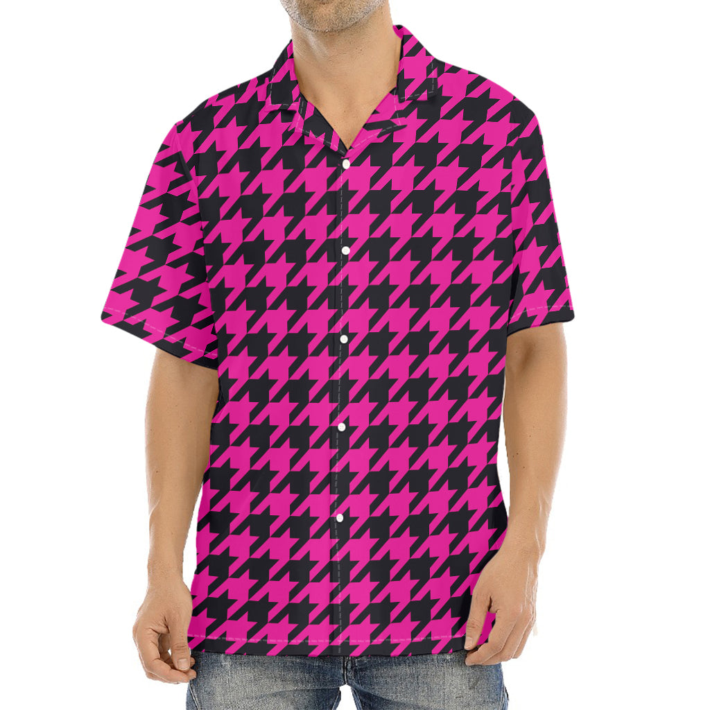 Magenta Pink And Black Houndstooth Print Aloha Shirt