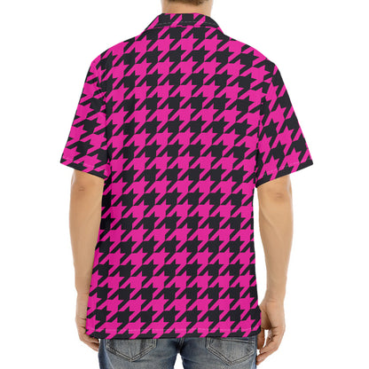 Magenta Pink And Black Houndstooth Print Aloha Shirt