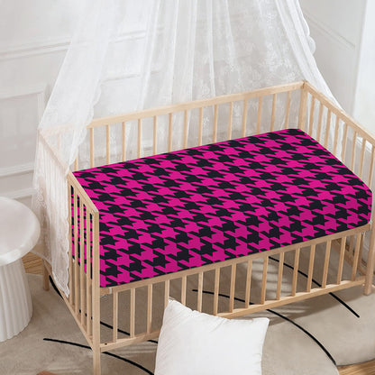 Magenta Pink And Black Houndstooth Print Baby Crib Sheet