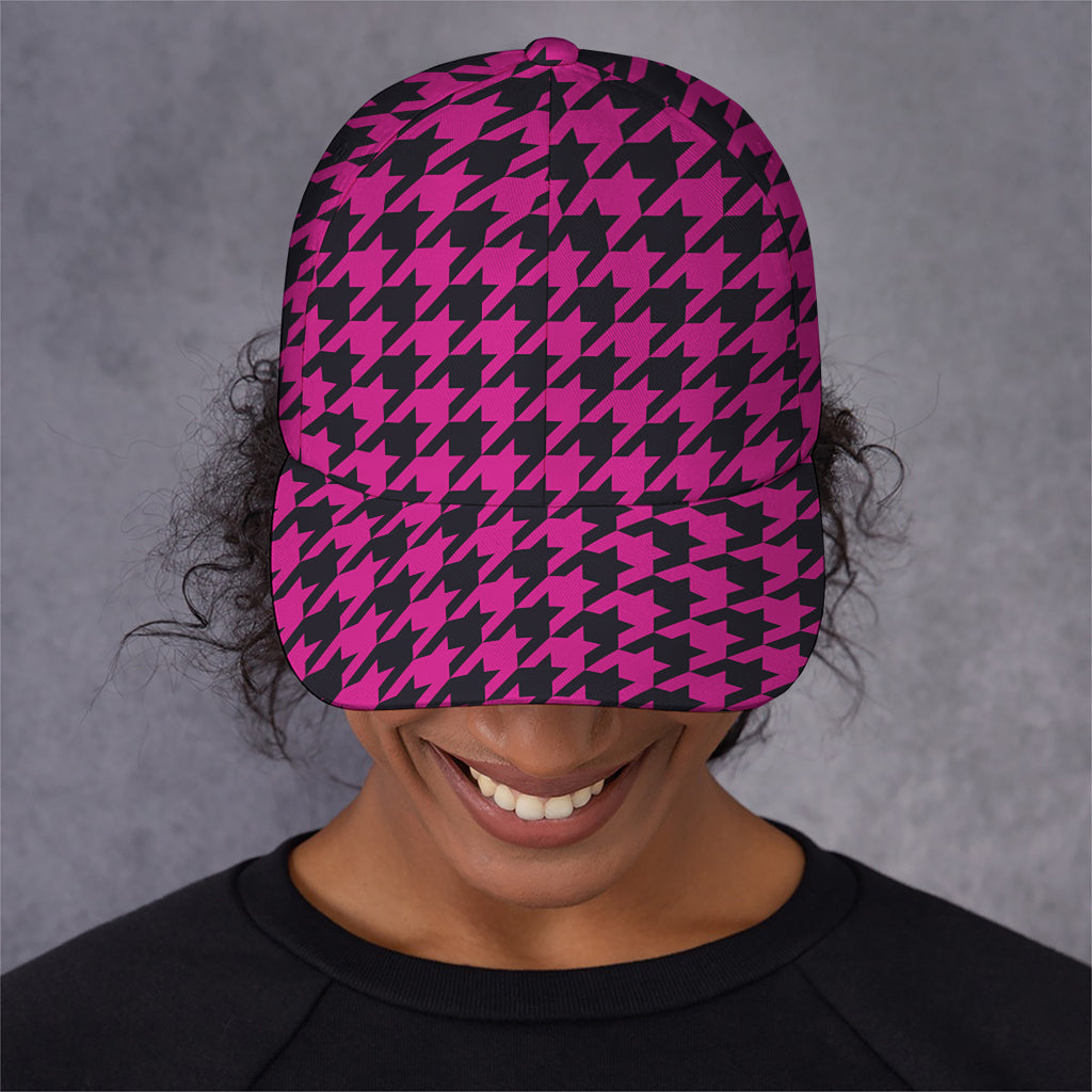 Magenta Pink And Black Houndstooth Print Baseball Cap
