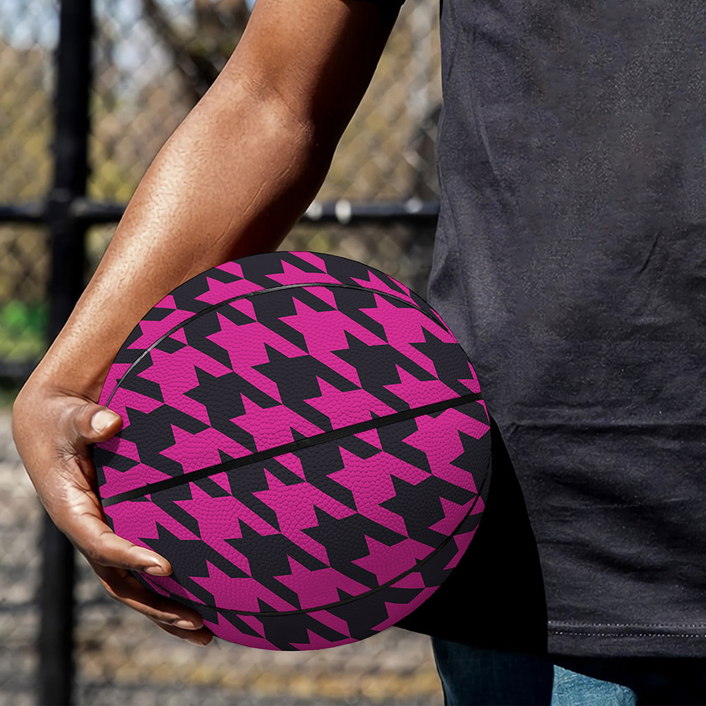 Magenta Pink And Black Houndstooth Print Basketball