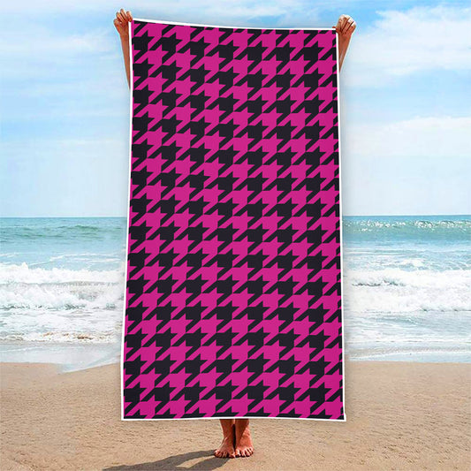 Magenta Pink And Black Houndstooth Print Beach Towel