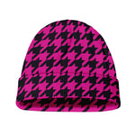 Magenta Pink And Black Houndstooth Print Beanie