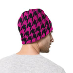 Magenta Pink And Black Houndstooth Print Beanie