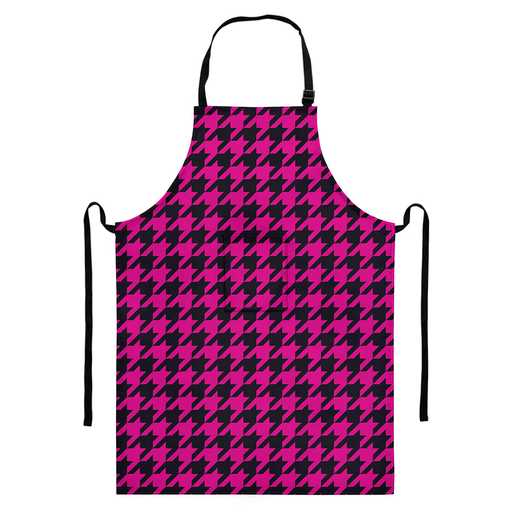 Magenta Pink And Black Houndstooth Print Bib Apron With Pocket