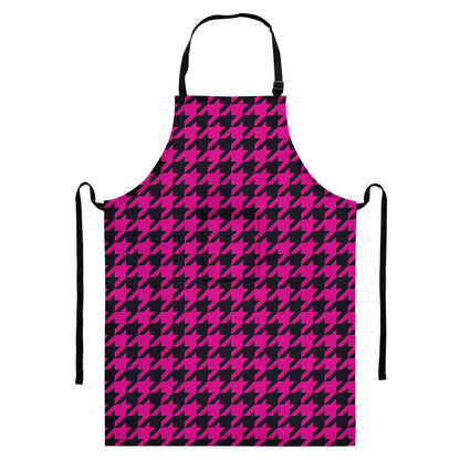 Magenta Pink And Black Houndstooth Print Bib Apron With Pocket