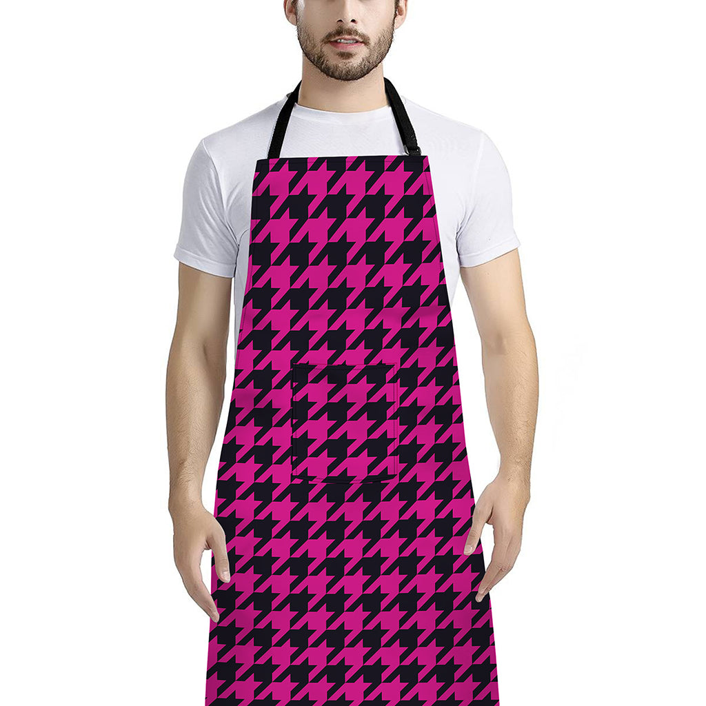 Magenta Pink And Black Houndstooth Print Bib Apron With Pocket
