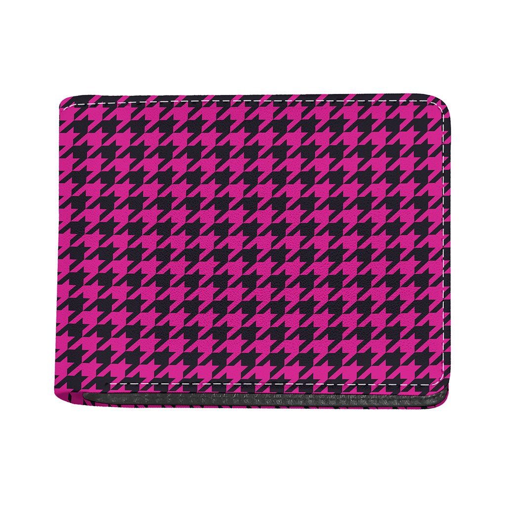 Magenta Pink And Black Houndstooth Print Bifold Wallet