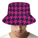 Magenta Pink And Black Houndstooth Print Bucket Hat