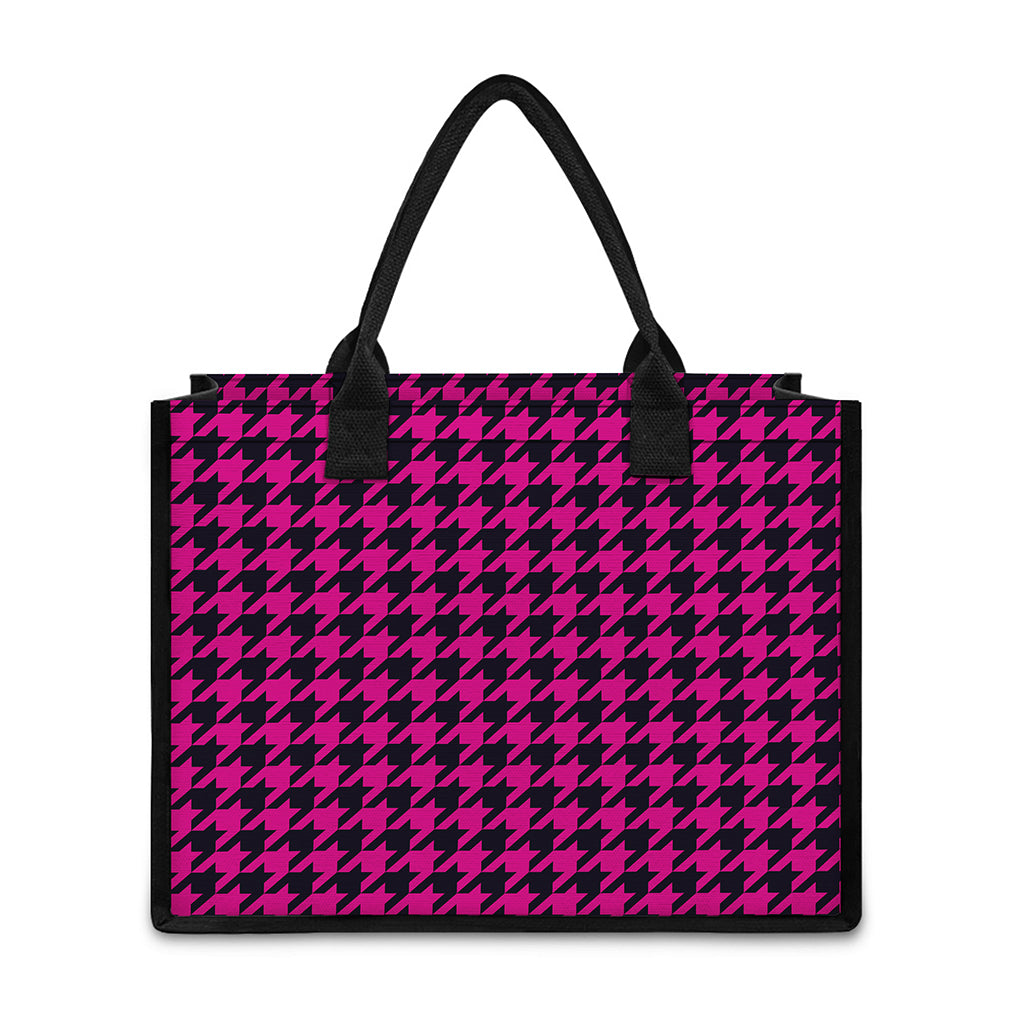 Magenta Pink And Black Houndstooth Print Canvas Tote Bag