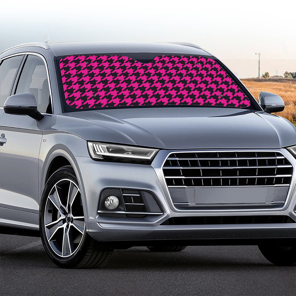Magenta Pink And Black Houndstooth Print Car Windshield Sun Shade
