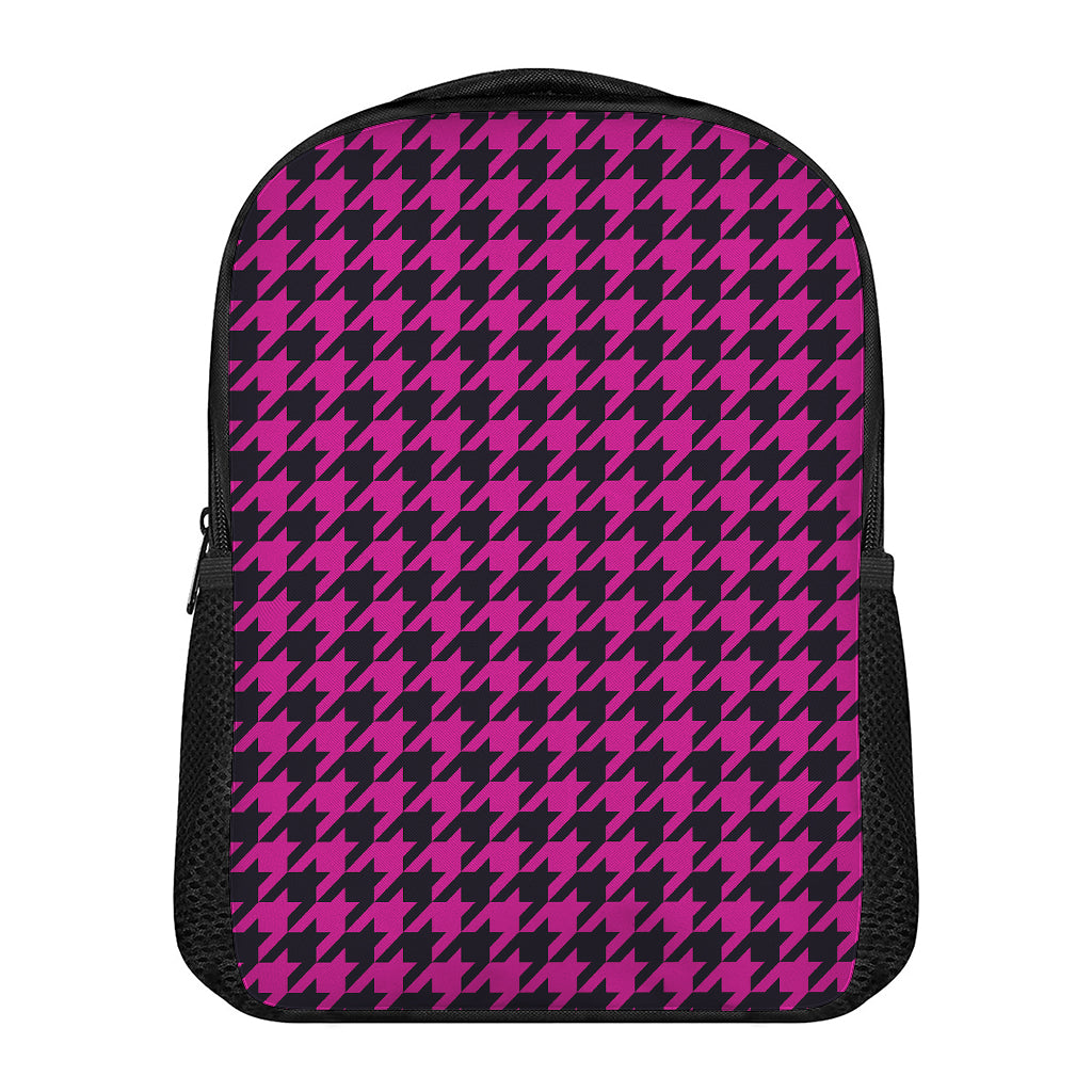 Magenta Pink And Black Houndstooth Print Casual Backpack